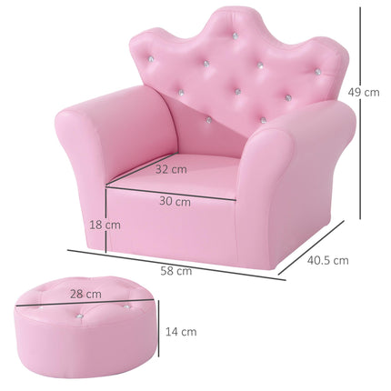 Kids 2 Piece Armchair and Footstool Set with Crown Backrest - Pink