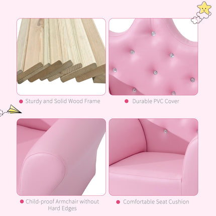 Kids 2 Piece Armchair and Footstool Set with Crown Backrest - Pink