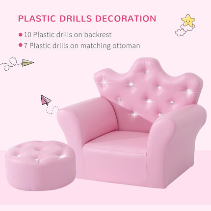 Kids 2 Piece Armchair and Footstool Set with Crown Backrest - Pink