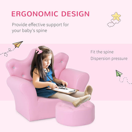 Kids 2 Piece Armchair and Footstool Set with Crown Backrest - Pink