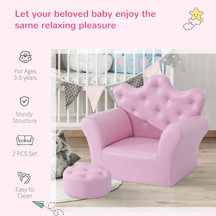 Kids 2 Piece Armchair and Footstool Set with Crown Backrest - Pink