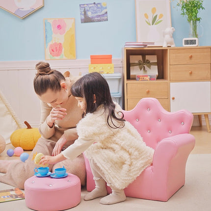 Kids 2 Piece Armchair and Footstool Set with Crown Backrest - Pink