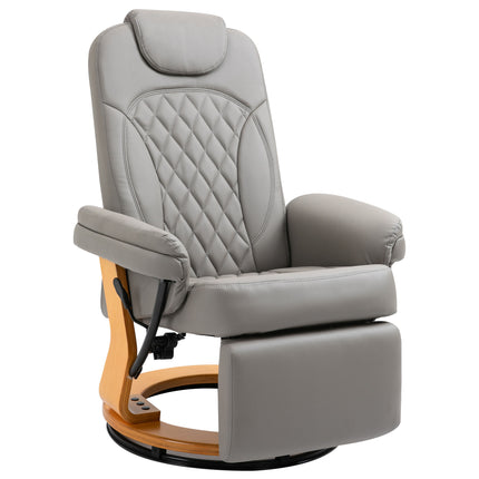 PU Recliner Chair with Footrest and Headrest, Round Wooden Swivel Base Lounge Armchair for Living Room, Bedroom, Office - Grey