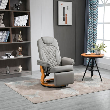 PU Recliner Chair with Footrest and Headrest, Round Wooden Swivel Base Lounge Armchair for Living Room, Bedroom, Office - Grey
