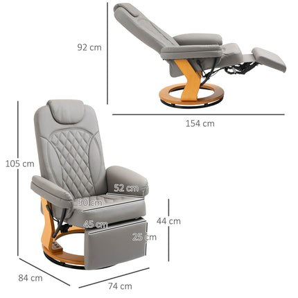 PU Recliner Chair with Footrest and Headrest, Round Wooden Swivel Base Lounge Armchair for Living Room, Bedroom, Office - Grey