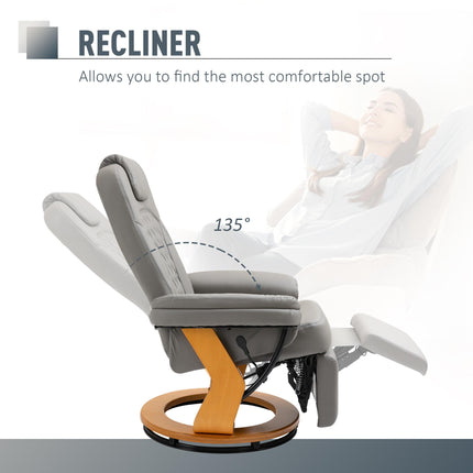 PU Recliner Chair with Footrest and Headrest, Round Wooden Swivel Base Lounge Armchair for Living Room, Bedroom, Office - Grey