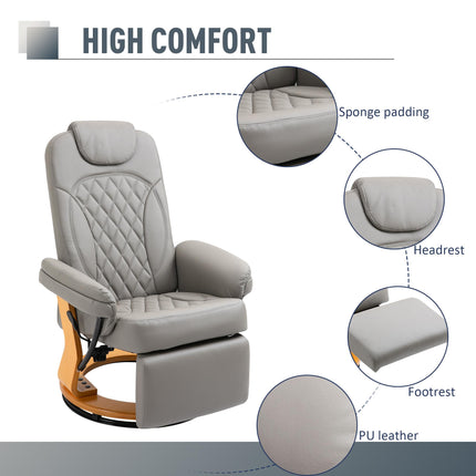 PU Recliner Chair with Footrest and Headrest, Round Wooden Swivel Base Lounge Armchair for Living Room, Bedroom, Office - Grey