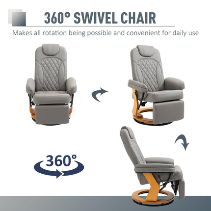 PU Recliner Chair with Footrest and Headrest, Round Wooden Swivel Base Lounge Armchair for Living Room, Bedroom, Office - Grey