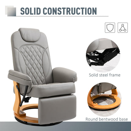 PU Recliner Chair with Footrest and Headrest, Round Wooden Swivel Base Lounge Armchair for Living Room, Bedroom, Office - Grey