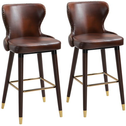Luxury Vintage Bar Stools Set of 2 with Back Support and Gold Stud Detailing - Brown