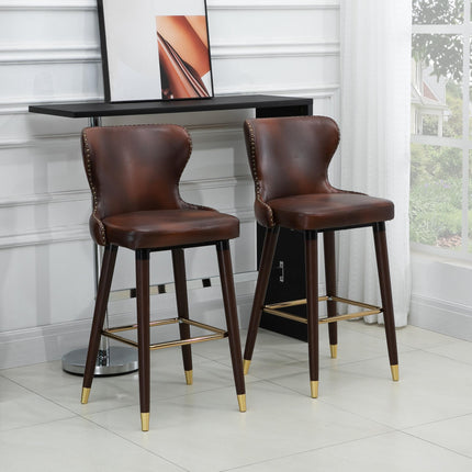 Luxury Vintage Bar Stools Set of 2 with Back Support and Gold Stud Detailing - Brown