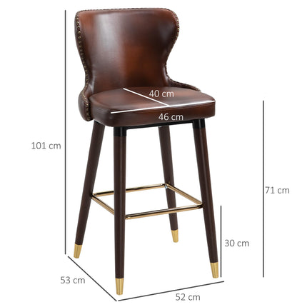 Luxury Vintage Bar Stools Set of 2 with Back Support and Gold Stud Detailing - Brown