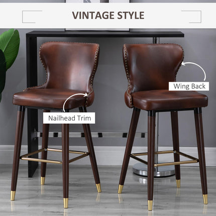 Luxury Vintage Bar Stools Set of 2 with Back Support and Gold Stud Detailing - Brown