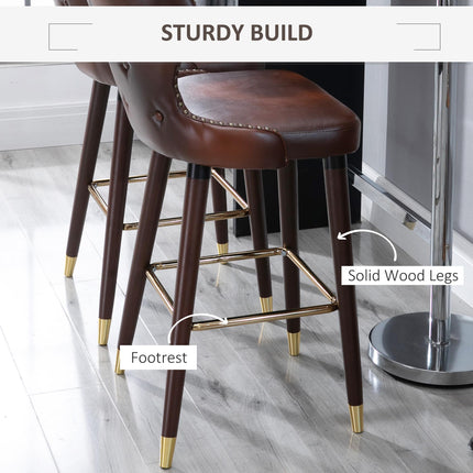 Luxury Vintage Bar Stools Set of 2 with Back Support and Gold Stud Detailing - Brown