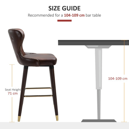 Luxury Vintage Bar Stools Set of 2 with Back Support and Gold Stud Detailing - Brown