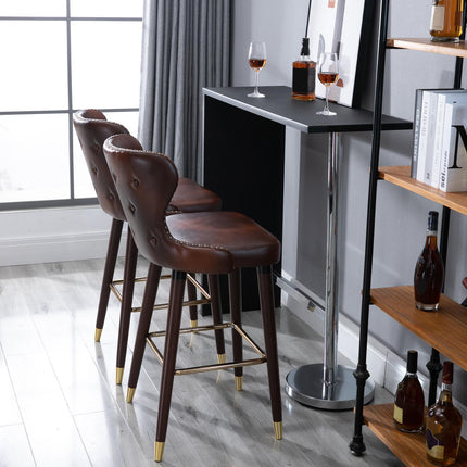 Luxury Vintage Bar Stools Set of 2 with Back Support and Gold Stud Detailing - Brown