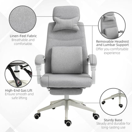 Home Office Recliner Chair with Manual Footrest, Adjustable Swivel Seat, 2 Pillows, Ergonomic Armrest - Grey