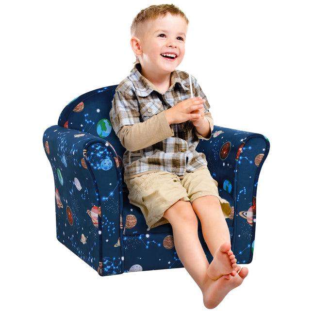 Kids Planet-Themed Wooden Frame Armchair with Non-Slip Feet - Blue