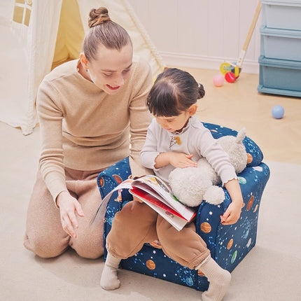 Kids Planet-Themed Wooden Frame Armchair with Non-Slip Feet - Blue