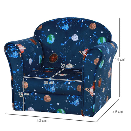 Kids Planet-Themed Wooden Frame Armchair with Non-Slip Feet - Blue