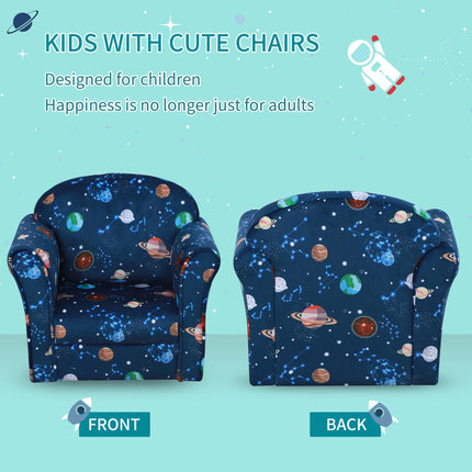 Kids Planet-Themed Wooden Frame Armchair with Non-Slip Feet - Blue