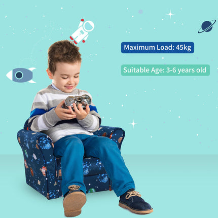 Kids Planet-Themed Wooden Frame Armchair with Non-Slip Feet - Blue