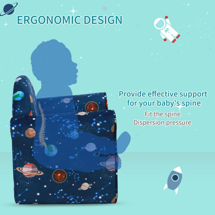Kids Planet-Themed Wooden Frame Armchair with Non-Slip Feet - Blue