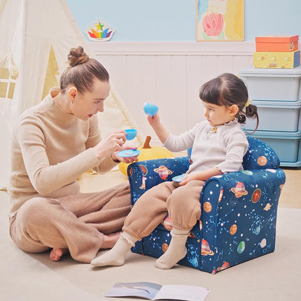 Kids Planet-Themed Wooden Frame Armchair with Non-Slip Feet - Blue