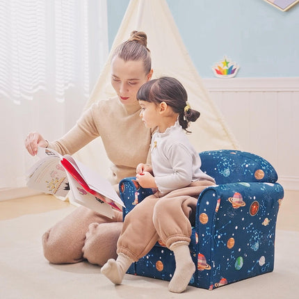 Kids Planet-Themed Wooden Frame Armchair with Non-Slip Feet - Blue