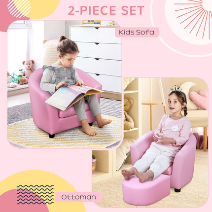 Kids Toddler Sofa and Armchair with Footstool Thick Padding - Pink