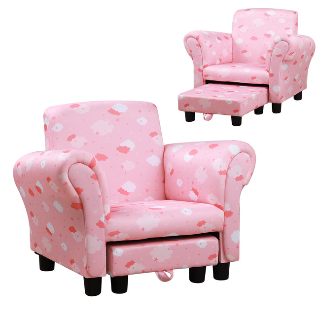 Kids Armchair with Pull-Out Footrest Solid Wood Frame Pink Cloud Design - Pink