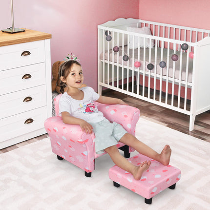 Kids Armchair with Pull-Out Footrest Solid Wood Frame Pink Cloud Design - Pink