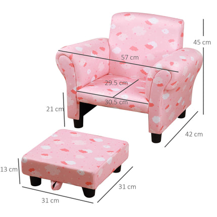 Kids Armchair with Pull-Out Footrest Solid Wood Frame Pink Cloud Design - Pink