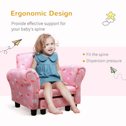 Kids Armchair with Pull-Out Footrest Solid Wood Frame Pink Cloud Design - Pink