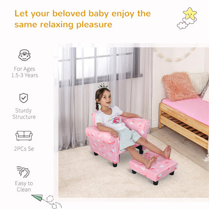 Kids Armchair with Pull-Out Footrest Solid Wood Frame Pink Cloud Design - Pink