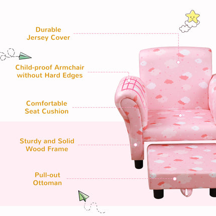 Kids Armchair with Pull-Out Footrest Solid Wood Frame Pink Cloud Design - Pink