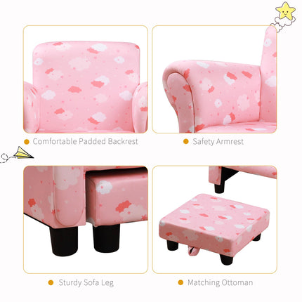 Kids Armchair with Pull-Out Footrest Solid Wood Frame Pink Cloud Design - Pink