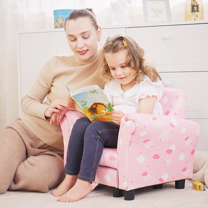 Kids Armchair with Pull-Out Footrest Solid Wood Frame Pink Cloud Design - Pink
