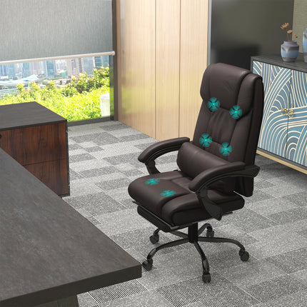 6-Point PU Leather Reclining Massage Office Chair with Footrest & Remote - Brown