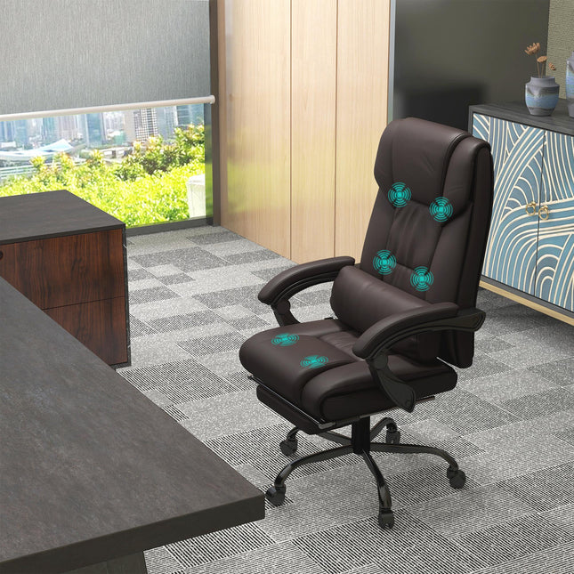 6-Point PU Leather Reclining Massage Office Chair with Footrest & Remote - Brown