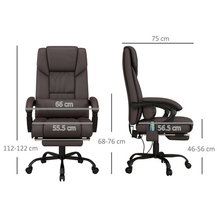 6-Point PU Leather Reclining Massage Office Chair with Footrest & Remote - Brown
