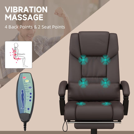 6-Point PU Leather Reclining Massage Office Chair with Footrest & Remote - Brown