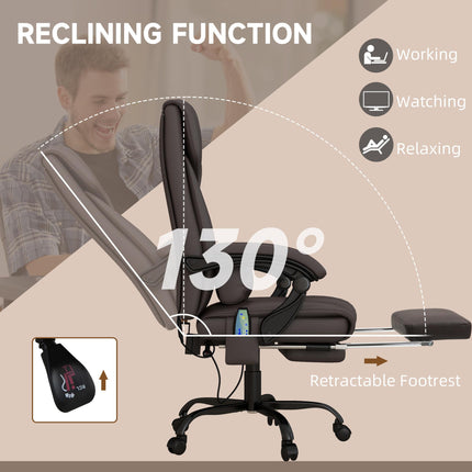 6-Point PU Leather Reclining Massage Office Chair with Footrest & Remote - Brown