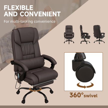 6-Point PU Leather Reclining Massage Office Chair with Footrest & Remote - Brown