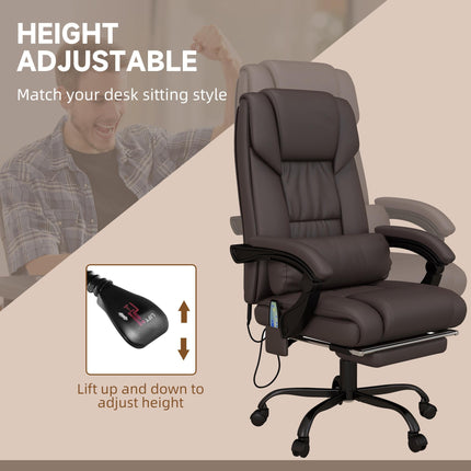 6-Point PU Leather Reclining Massage Office Chair with Footrest & Remote - Brown