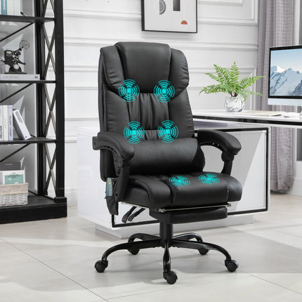 6-Point Electric PU Leather Massage Racing Recliner Chair with Remote, Adjustable Height & Footrest, 5 Wheels - Black