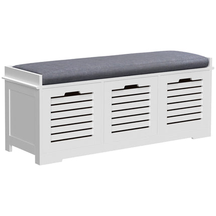 White Storage Bench with 3 Drawers and Removable Grey Cushion - White