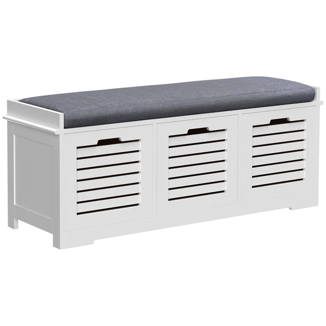 White Storage Bench with 3 Drawers and Removable Grey Cushion - White