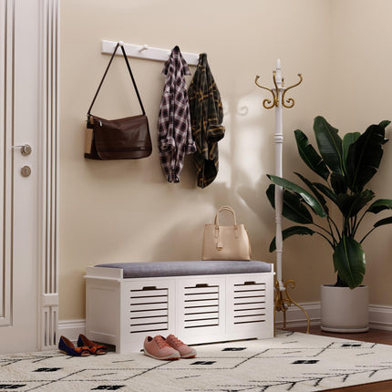White Storage Bench with 3 Drawers and Removable Grey Cushion - White