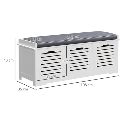 White Storage Bench with 3 Drawers and Removable Grey Cushion - White